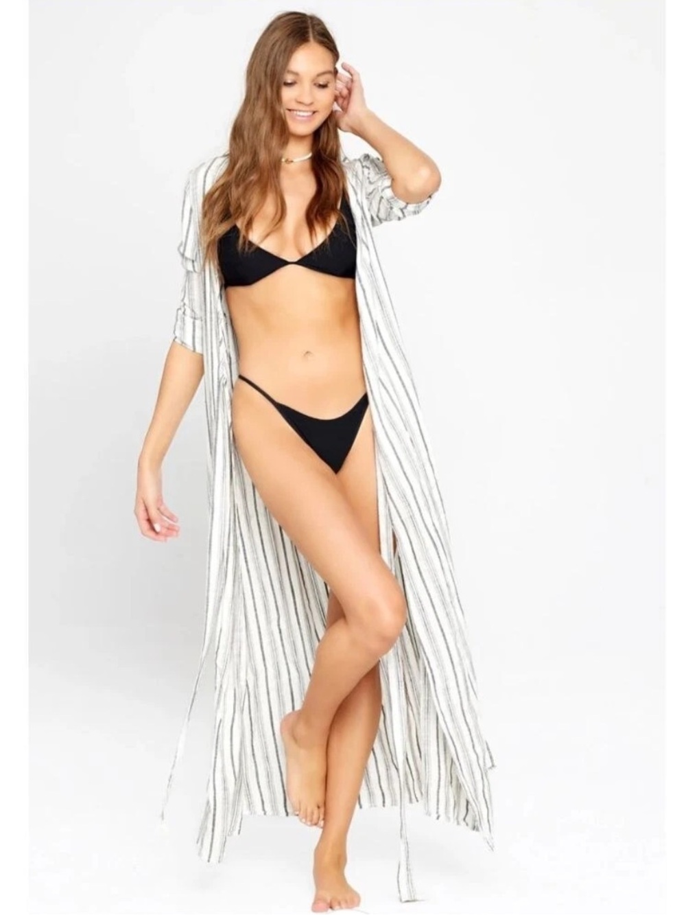 L*Space Tybee Wrap Around Long Sleeve Maxi Dress Coverup Size Small Striped
